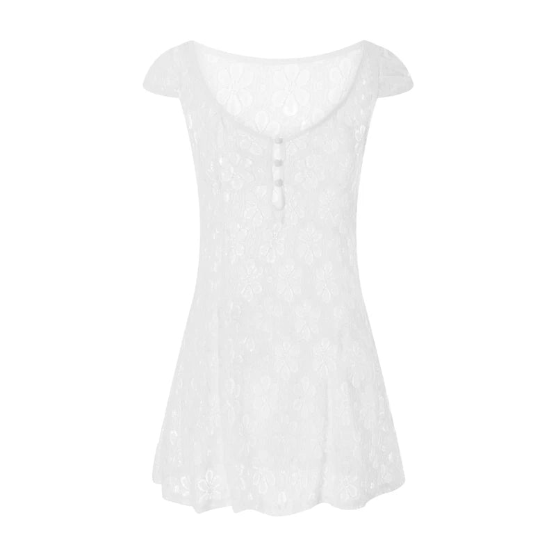 Sheer Lace Mini Dress With V Neck Short Sleeves Hollow Details
