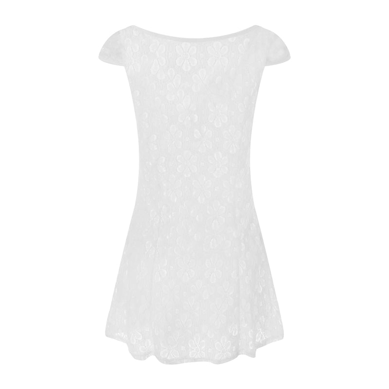 Sheer Lace Mini Dress With V Neck Short Sleeves Hollow Details