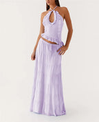Halter Crop Two Piece Maxi Skirt Set With Ruffle Tiered Flowing Silhouette