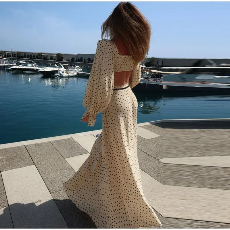 Polka Dot Square Collar Crop Top And High Waist Maxi Skirt Set Outfit