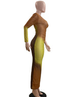 Long Maxi Dress With Skew Collar Full Sleeves Mesh See Through