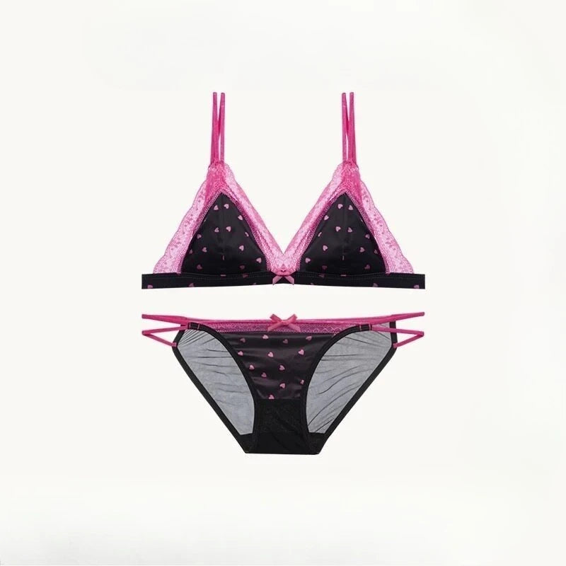 French Style Satin Lace Lingerie Set With Triangle Cups Wireless Soft Fabric Daily Wear