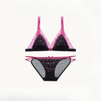 French Style Satin Lace Lingerie Set With Triangle Cups Wireless Soft Fabric Daily Wear