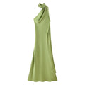 Elegant Silk Satin Halter Maxi Dress Backless Ribbon Tie Evening Gown