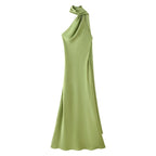Elegant Silk Satin Halter Maxi Dress Backless Ribbon Tie Evening Gown