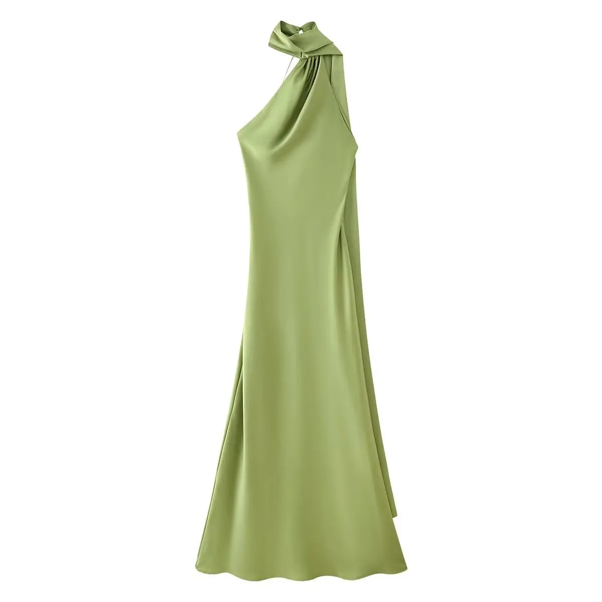Elegant Silk Satin Halter Maxi Dress Backless Ribbon Tie Evening Gown