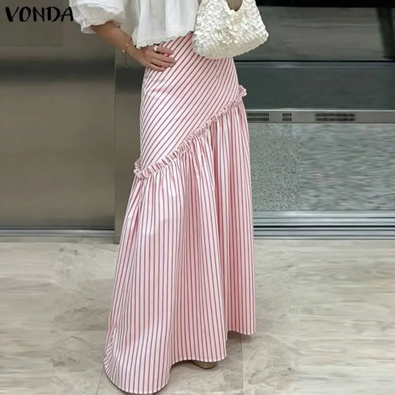 Striped Ruffle Maxi Skirt With High Waist Plus Size Floor Length
