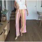 Vivid Multicolor Stripe Wide Leg Jeans With Pockets Low Waist Denim Trousers