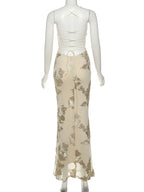 Chic Floral Embroidered Backless Maxi Dress With Low Neck And Crossback