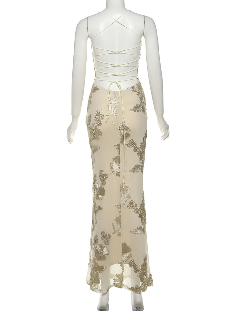 Chic Floral Embroidered Backless Maxi Dress With Low Neck And Crossback