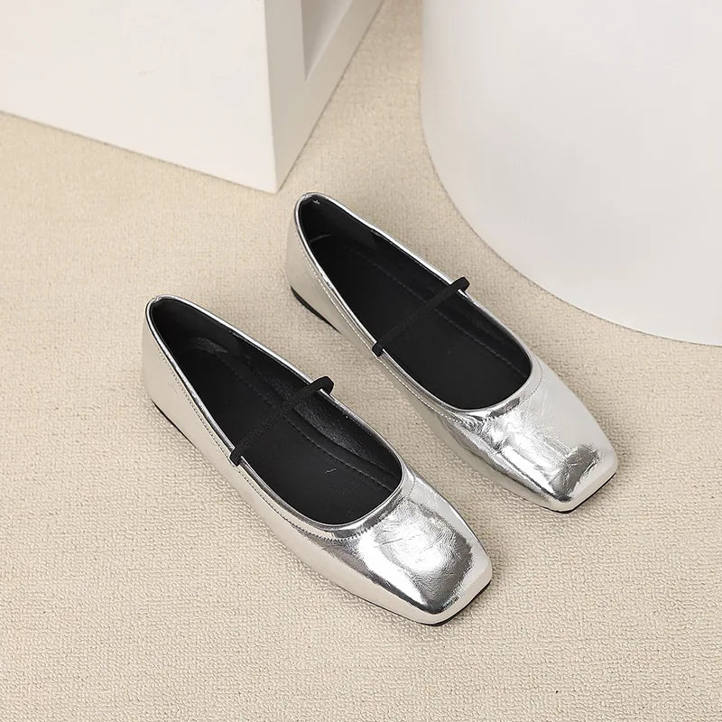 Metallic Square-Toe Mary Janes Slip-On Flats