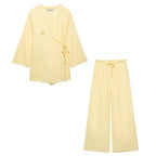 Breezy Linen Kimono Two-piece Set With Lace Up Top And Wide Leg Pants