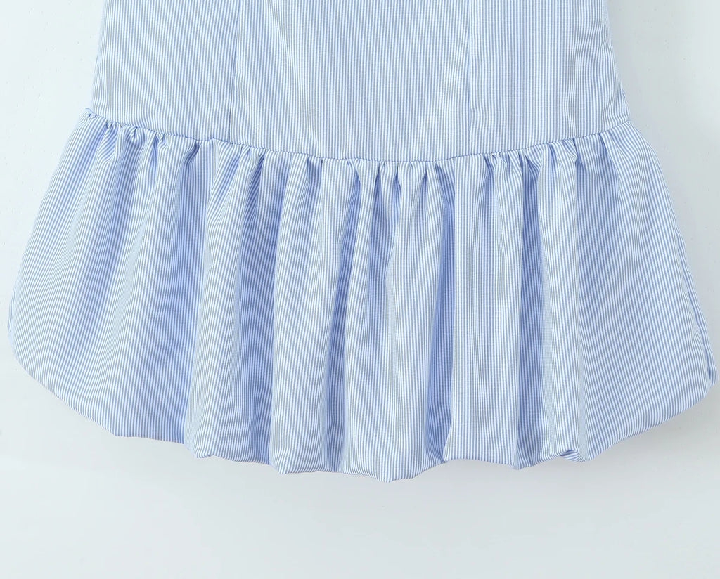 Stripes Tie Bow Halter Sling Satin Dress Women Low Waist Ball Gown Pleated