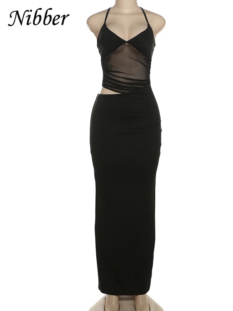 Mesh Patchwork Maxi Dress With Backless Silhouette Sleeveless
