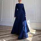 Flare Sleeve Maxi Dress With Ruffle Detail O Neck High Waist Pleated