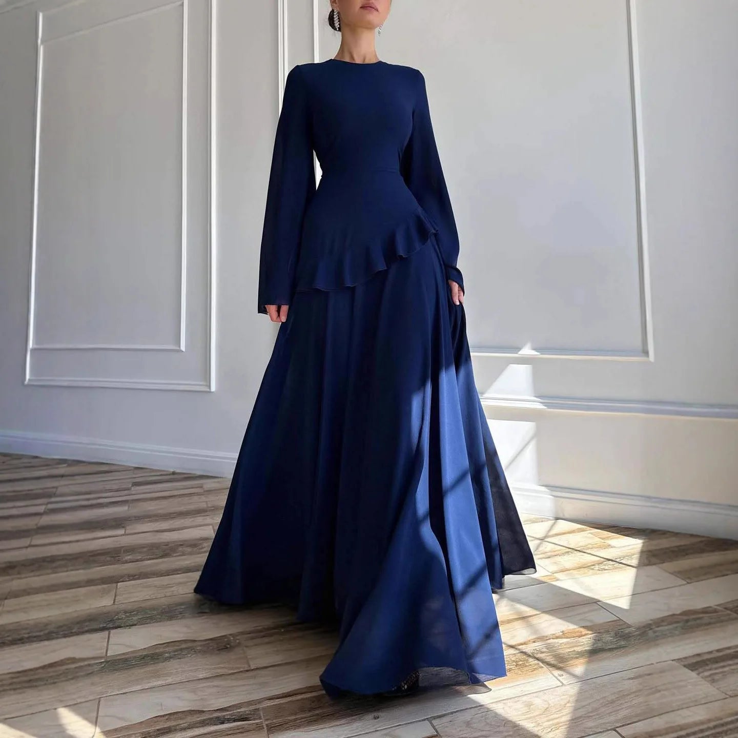 Flare Sleeve Maxi Dress With Ruffle Detail O Neck High Waist Pleated