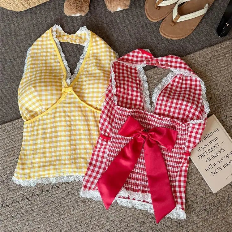 Halter Neck Bow Plaid Crop Top With Shirred Back For Women Cute Fashion Blouse