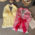 Halter Neck Bow Plaid Crop Top With Shirred Back For Women Cute Fashion Blouse