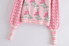 Front Wood Ears Ruffles Jacquard Cropped Sweater Vintage O neck Puff Sleeve Pullovers Short Jumper Knitwear