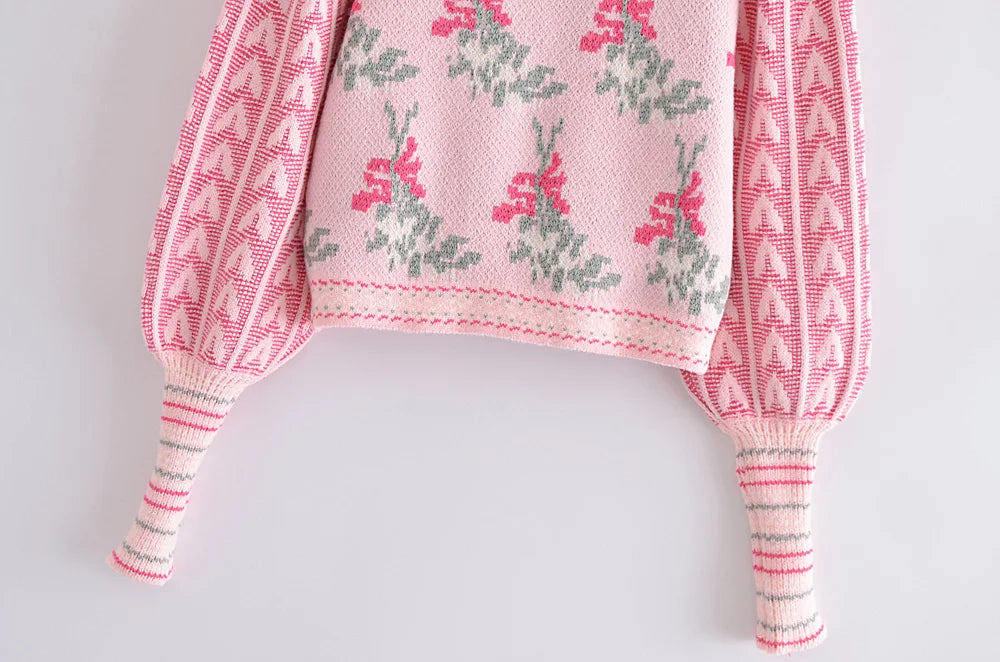 Front Wood Ears Ruffles Jacquard Cropped Sweater Vintage O neck Puff Sleeve Pullovers Short Jumper Knitwear