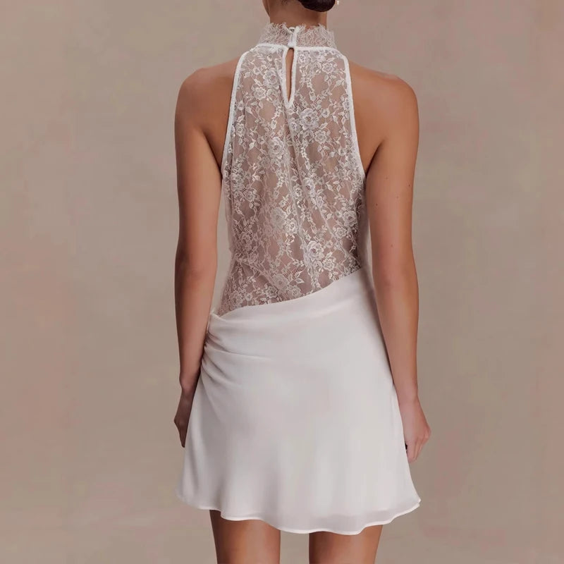 Slim Fit Lace Patchwork Satin Sleeveless Party Dress With Hollow Out Detailing White