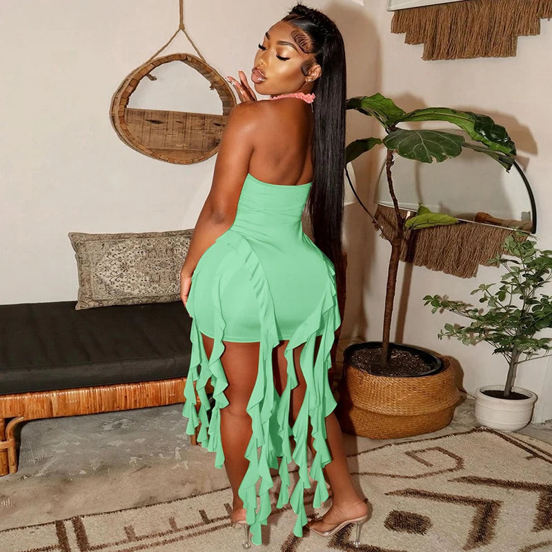Elegant Halter Backless Ruffles Mini Dress Slim Fit With Tassel Detail