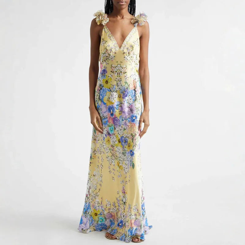 Floral Boho Sleeveless Maxi Dress With Flower Straps V Neck