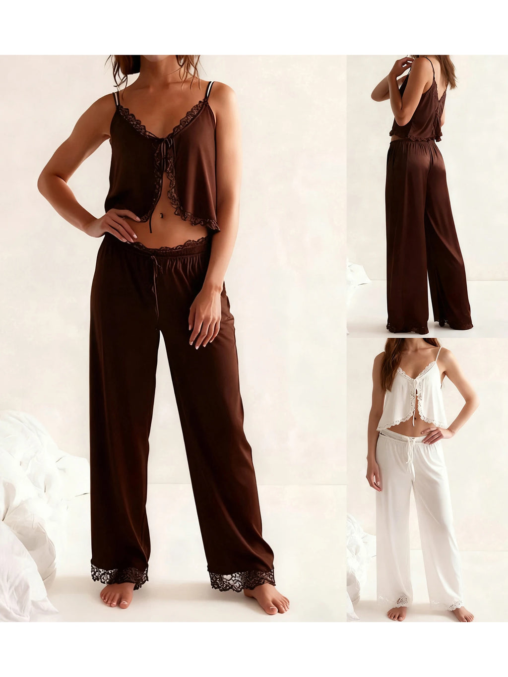 Satin Silk Pajamas Set Floral Lace Trim Tie Front Split Camisole Tops+ Straight Leg Pants 2Pcs Sleepwear