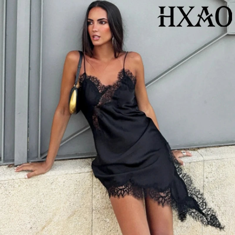 Satin Elegant Backless Lace Slip Dress