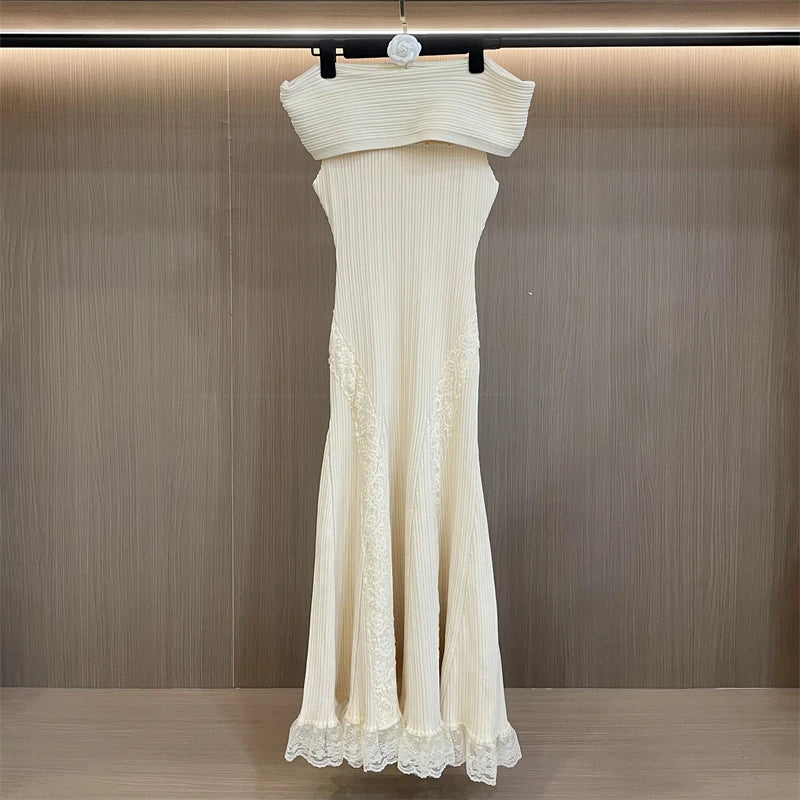 Chic Off-Shoulder Lace Dress And Knit Midi Set