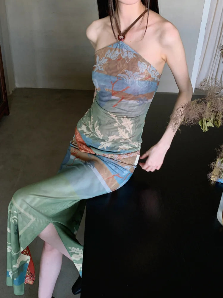 Vintage Reversible Two Piece Halter Neck Top And Long Skirt Set