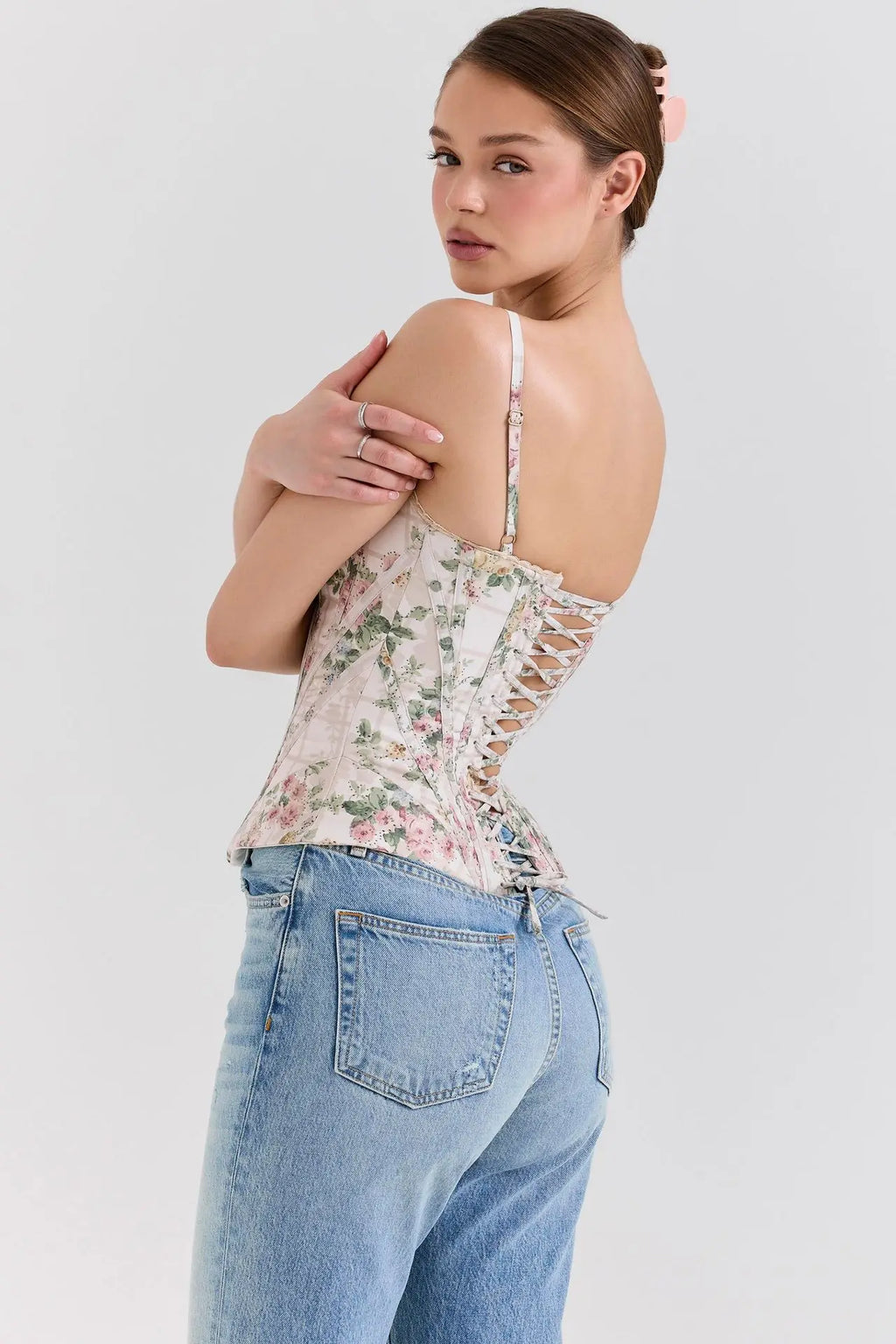 Romantic Floral Corset Top With Lace Trim And Adjustable Straps