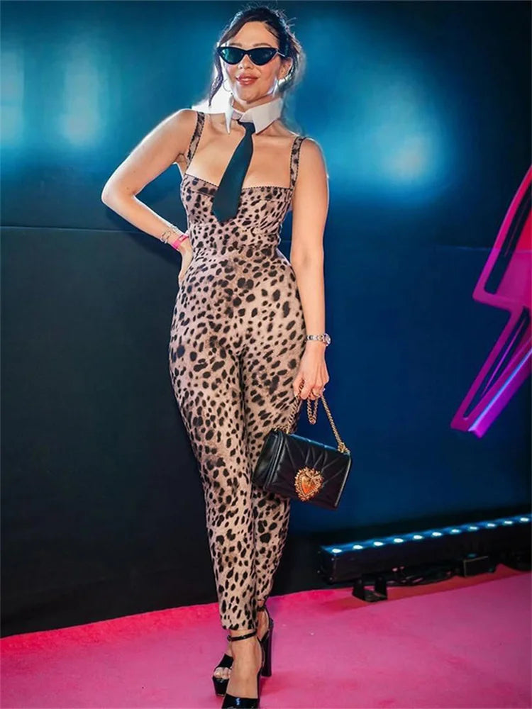 Leopard Print Sleeveless Jumpsuit For Women