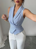 Sleeveless V-Neck Blouse With Bow Belt Detail In Light Blue And White Stripes