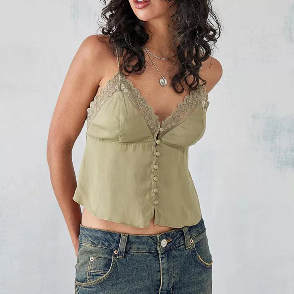 Dreamy V Neck Lace Trim Spaghetti Tank Top With Backless