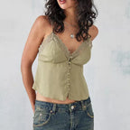 Dreamy V Neck Lace Trim Spaghetti Tank Top With Backless