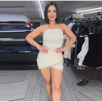 Sequin V-Neck Lace Top Ruffle Skirt Set Slim Fit Sleeveless Sheer