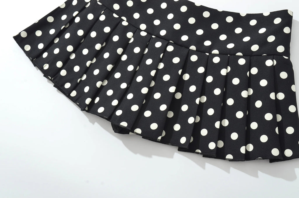 Black Polka Dot Pleated Mini With Shorts Lining Low Waist Skater Style Button Details