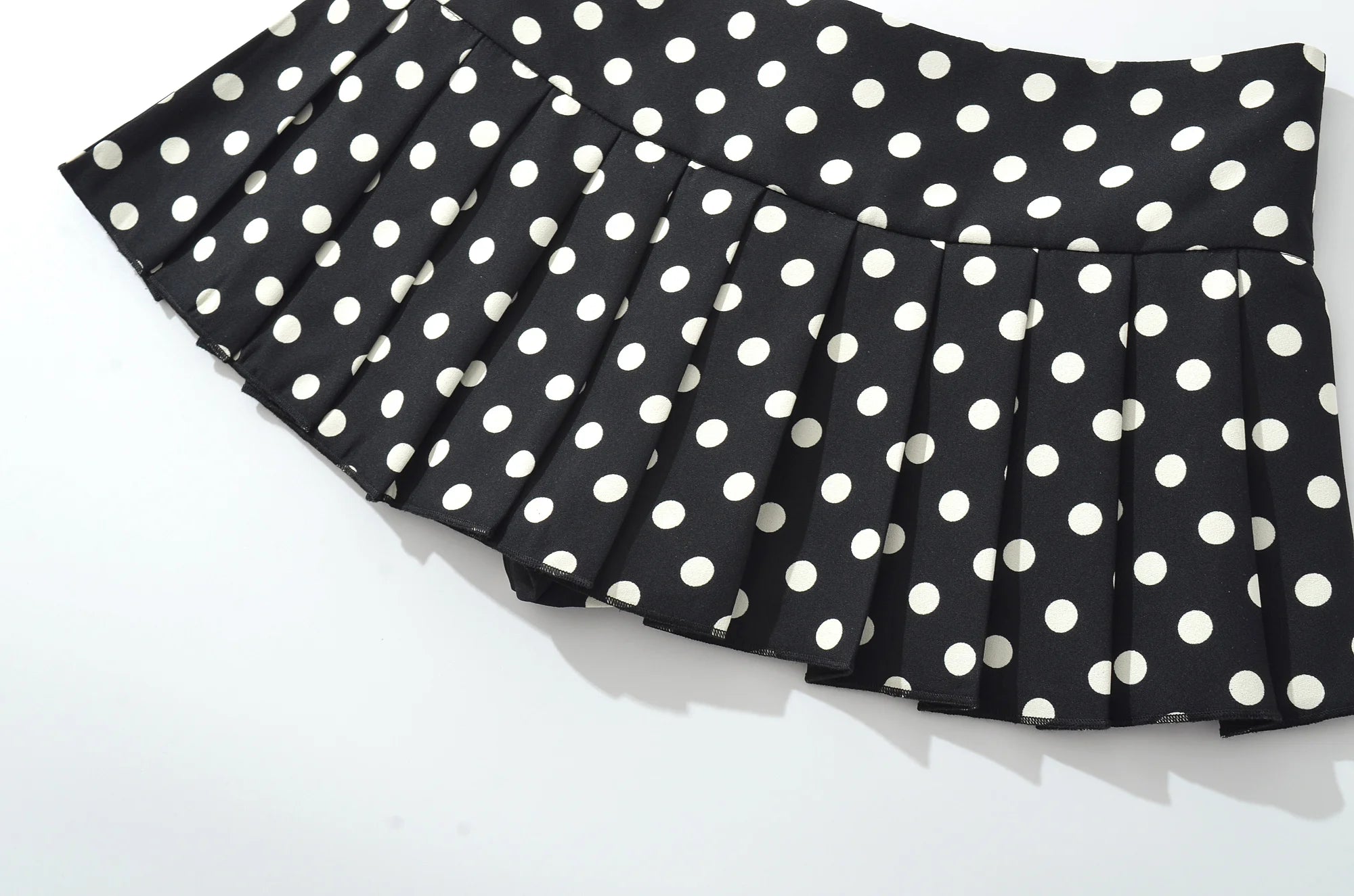 Black Polka Dot Pleated Mini With Shorts Lining Low Waist Skater Style Button Details
