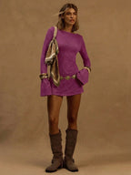 A Line Knit Mini Dress With Slash Neck And Bell Sleeves