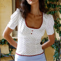 Romantic Dots Print Lace Trim Short Sleeve Top With Button Details And Scoop Neck