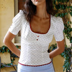 Romantic Dots Print Lace Trim Short Sleeve Top With Button Details And Scoop Neck
