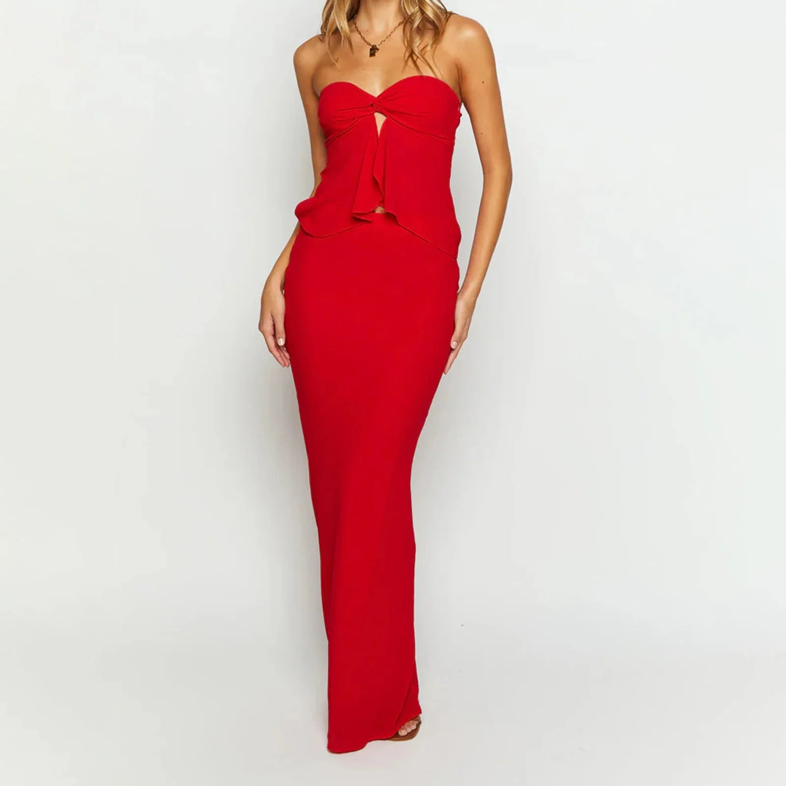 Off Shoulder Two Piece Tube Top And Layered Ruffle Maxi Skirt Set