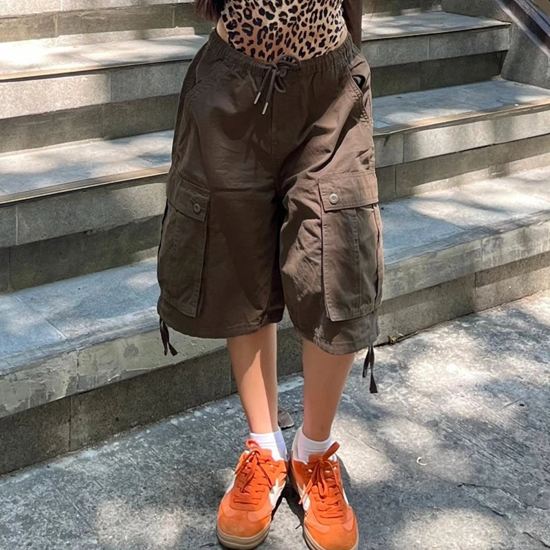 Retro Vintage Y2K Cargo Jean Drawstring Low Rise Baggy Denim Cyber Grunge Shorts