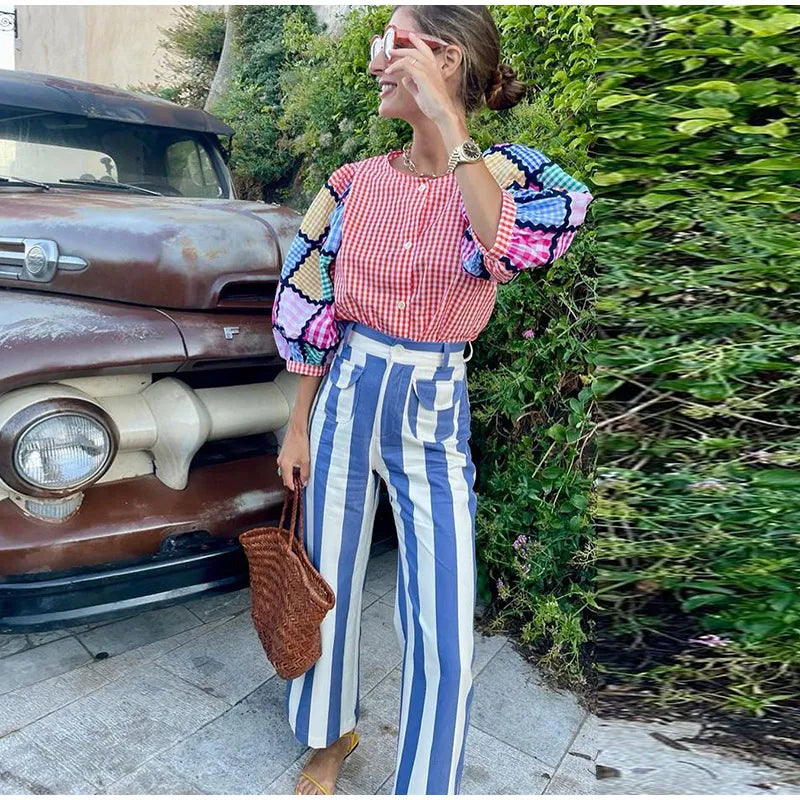 Vivid Multicolor Stripe Wide Leg Jeans With Pockets Low Waist Denim Trousers