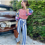 Vivid Multicolor Stripe Wide Leg Jeans With Pockets Low Waist Denim Trousers