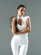 Button Cutout Turtleneck Top For Women Fitted Short Sleeve Knit With Stand Collar