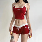 Embroidery Letter Contrast Set With Backless Camisole Top And Drawstring Elastic Shorts