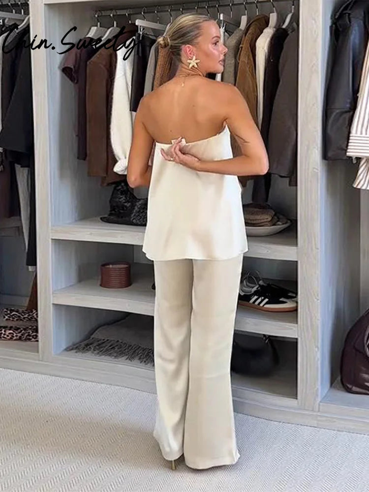 Chic Two Piece Set With Backless Tube Top And Wide Leg Pants