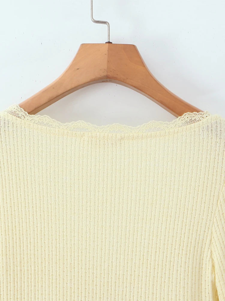 Women Fashion Sweet Lace Patchwork Knitted Cardigan Vintage O-Neck Long Sleeve Sweater